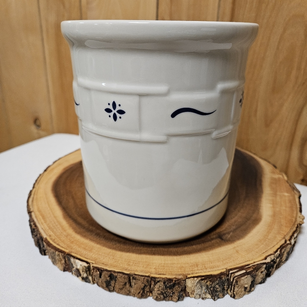 Longaberger Woven Traditions Pottery CLASSIC BLUE 2 Quart Utensil Crock 7" tall - Picture 2 of 3